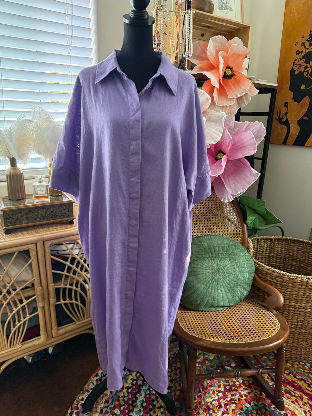 COS Lilac Lavender Relaxed 100% Linen Button Up Kaftan Midi Maxi Shirt Dress